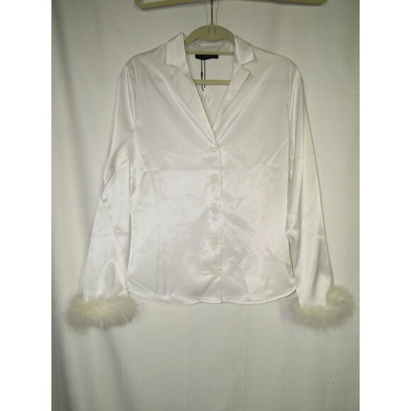 OW Intimates Revolve White Satin Ostrich Feather Trimmed Pajama Top Size 4-XS - Picture 6 of 14